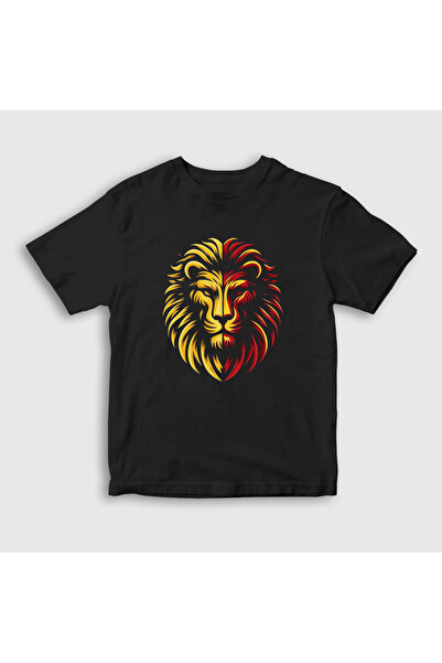 Presmono Унісекс дитячий чорний футболка з левом на грудях, жовтий і червоний...