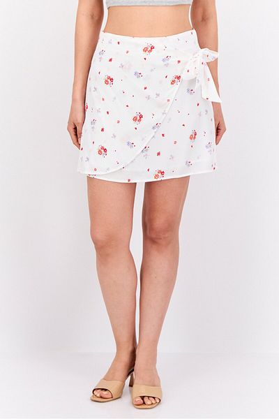 MANGO Woman Women Floral Print Mini Skirt, White Combo
