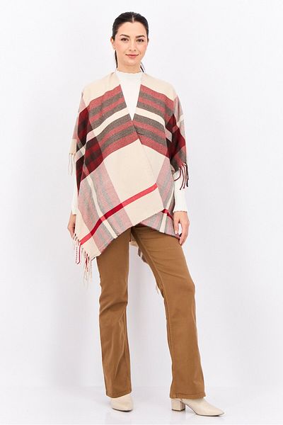 Adrienne Vittadini Women So Soft Plaid Ruana Wrap With Finges 100 L X 80 H Cm, Taupe