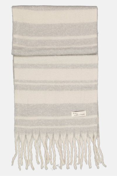 Vintage America Women Stripe Brush Tassel Scarf 43 x 180 cm, Grey
