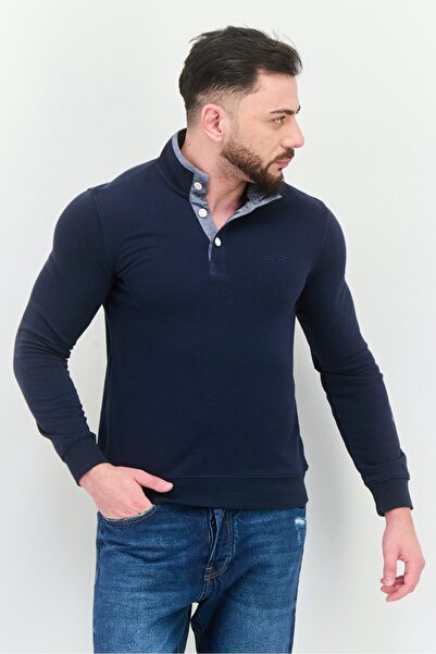 Perry Ellis Men Mock Neck Long Sleeves Embroidered Logo Sweatshirts, Navy Blue