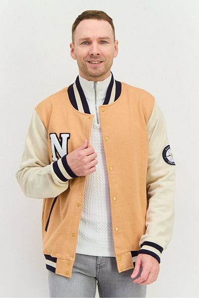 Nautica Men Embroidered Bomber Jacket, Light Brown Combo