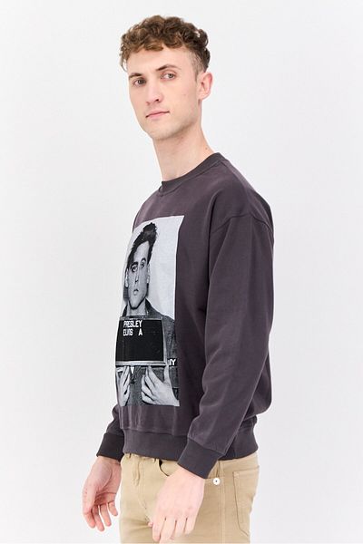 Elvis Men Crew Neck Graphic Printed Long Sleeves Sweatshirt, Grey