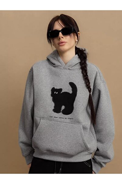 Cupla Γκρι φούτερ με κουκούλα Unisex - Cat That Walks By Itself Design