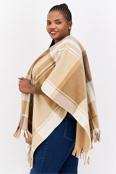 London Fog Women Checkered Poncho With Fringes, Tan
