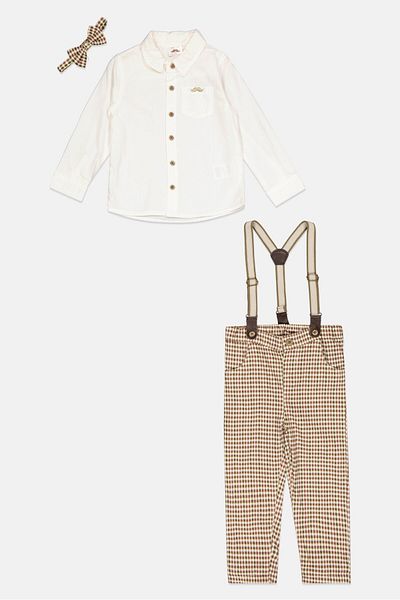 Little Gent Toddlers Boy 4 Pieces Checkered Pants, Shirt, Bow Tie And Detachable Suspender Belts, White