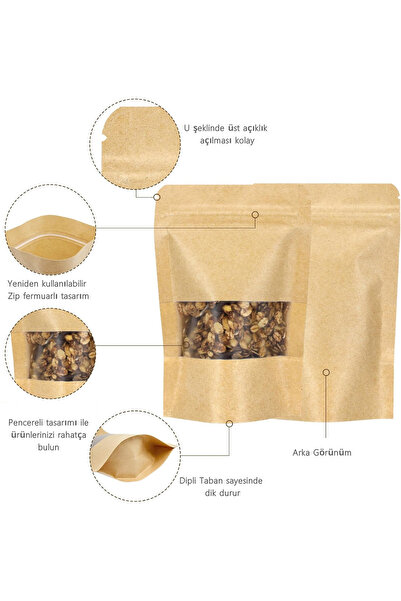 Dekals 500 Adet 13x22,5 Toptan Gıda Uyumlu Kilitli Kraft Pencereli Doypack Poşet Çok Amaçlı A Kalite