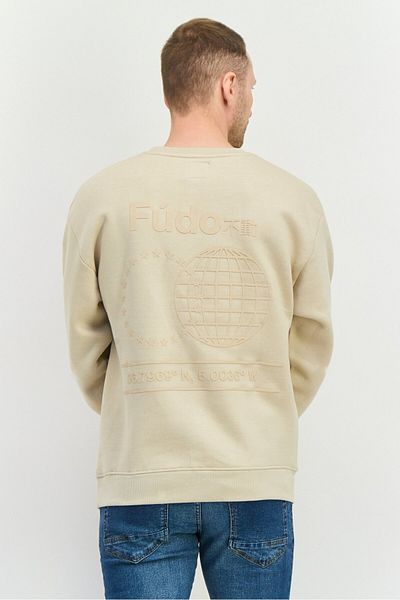 Fudo Men Crew Neck Long Sleeve Graphic Print Sweatshirt, Beige