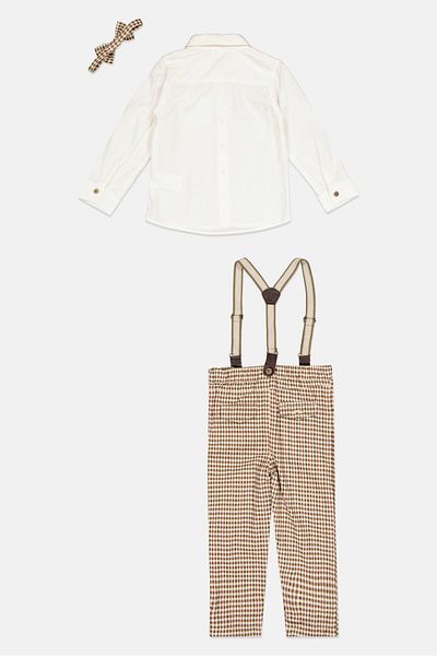 Little Gent Toddlers Boy 4 Pieces Checkered Pants, Shirt, Bow Tie And Detachable Suspender Belts, White