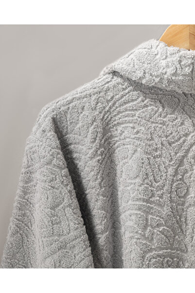 Madame Coco Bernay %100 Pamuk Jakarlı Unisex Şalyaka Bornoz - Gri - Natural Koleksiyon