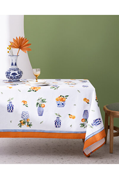 Madame Coco Rhone Polycotton Tablecloth - Orange/Blue - 150X150 cm