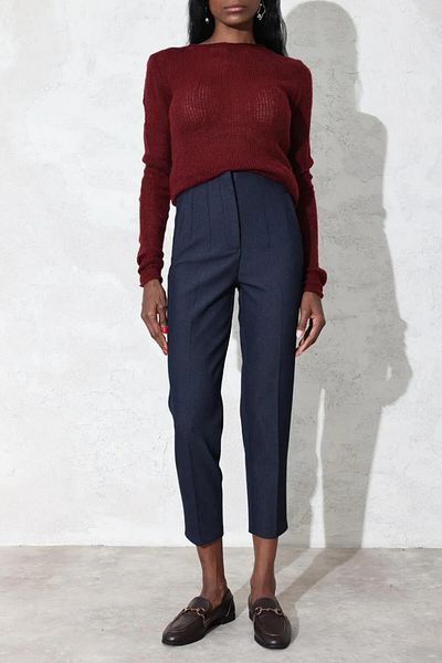 Ravencia Women's Model High Waist Fabric Navy Blue Trousers