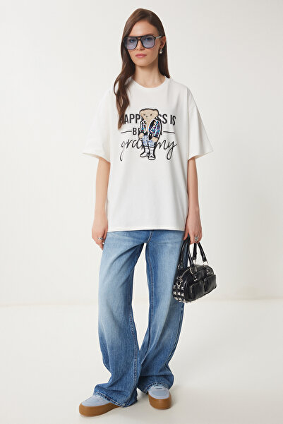 Lovelyİstanbul Плетена тениска Oversize - Памучна с емблема на плюшено мече L...