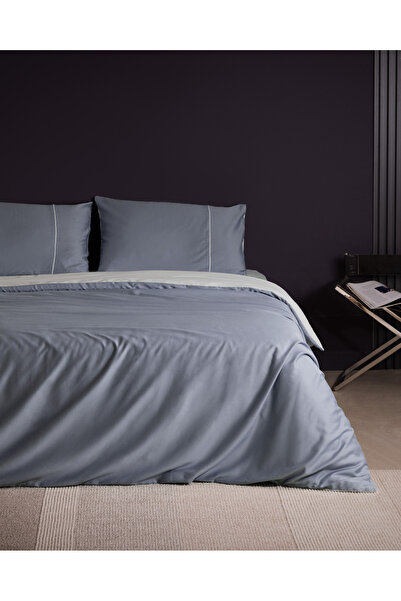 Madame Coco Danton Çift Kişilik Saten %100 Pamuk Biyeli Düz Boya Nevresim Takımı - Mavi/Açık Mavi