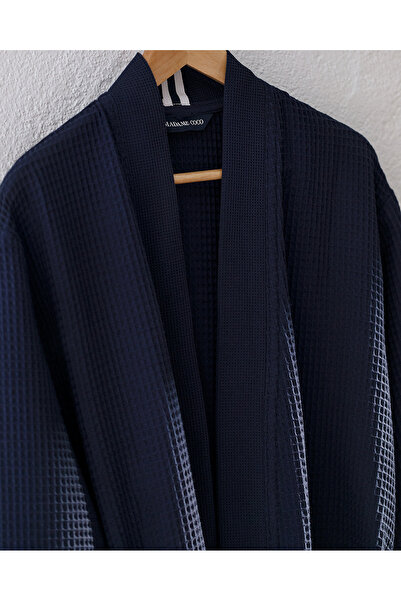 Madame Coco Marty Kimono Unisex Bornoz/Terlik Seti - Yat Koleksiyon - Lacivert