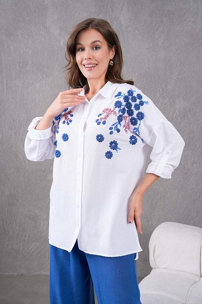 MVStore Cămașă de in pentru femei, cu broderie cu modele florale, cu detaliu de piatră