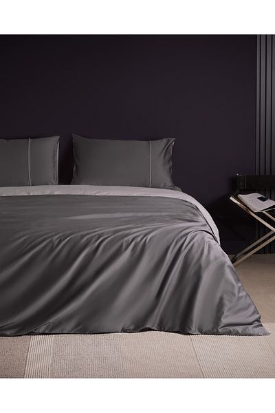 Madame Coco Danton Double Satin Duvet Cover Set - Anthracite/Grey, 100% Cotton Piping, Plain Paint