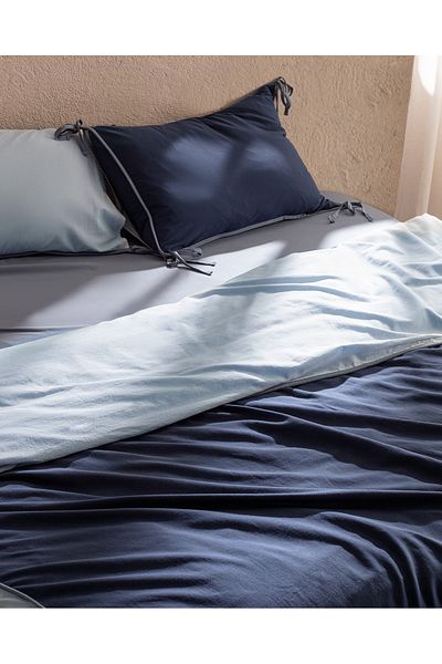 Madame Coco Aimon Double Duvet Cover Set - 100% Cotton, Laced, Washed Blue/Navy Blue