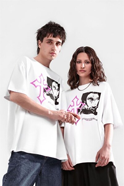 Trendiz Unisex Gothic Pink Cross Tshirt Λευκό