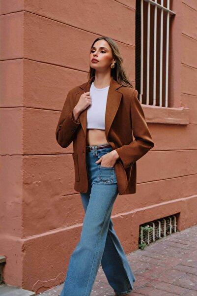 Ravencia Women's Premium Tan Suede Blazer Jacket