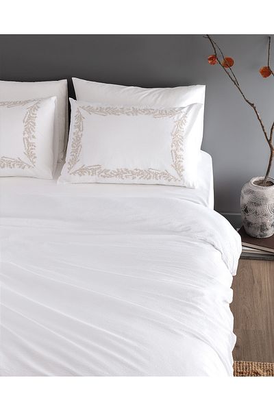 Madame Coco Linda White/Beige 100% Cotton Embroidered Washed Seersucker Duvet Cover Set