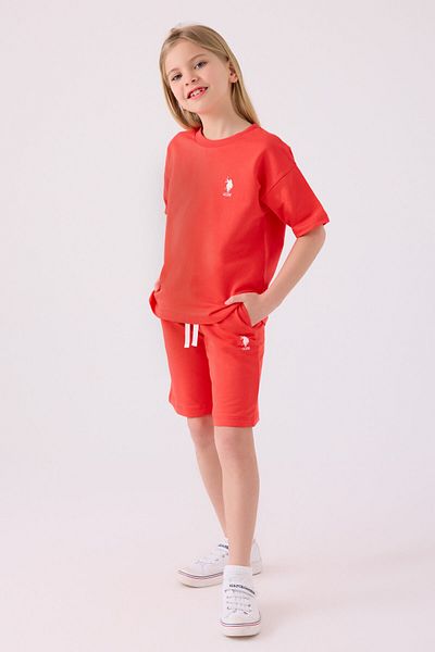 U.S. Polo Assn. طقم برمودا أحمر للبنات