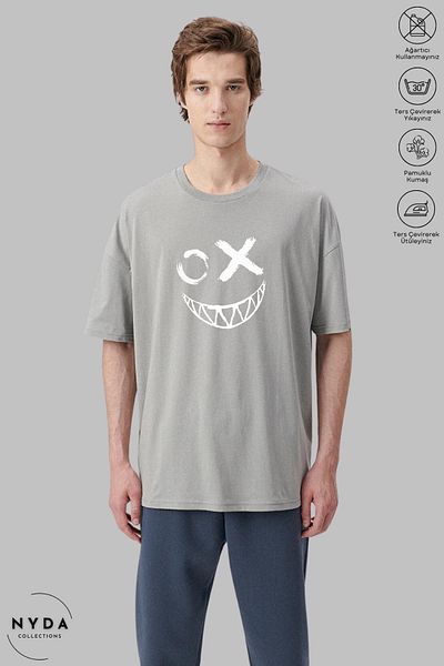 Nyda Collections Unisex Crew Neck Emoji εμπριμέ βαμβακερό μπλουζάκι με κοντό μανίκι