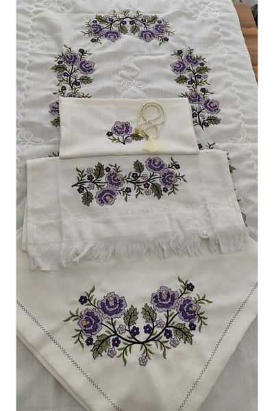 ZeynoÇeyiz Zeynoceyiz Gardenia Linen Fabric Cross-Stitch Embroidered Prayer Rug Set 5 Pieces