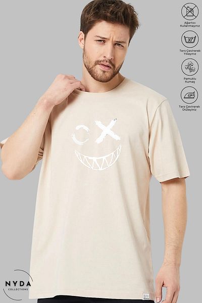 Nyda Collections Unisex Crew Neck Emoji εμπριμέ βαμβακερό μπλουζάκι με κοντό μανίκι