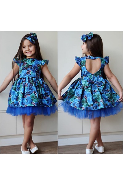 Burçak Butik Μπλε φόρεμα με φλοράλ στάμπα με χαμηλή πλάτη