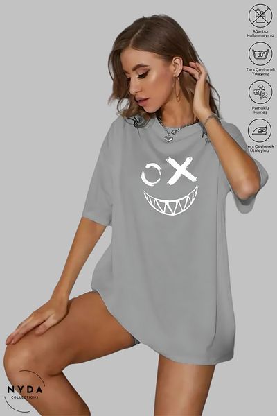 Nyda Collections Unisex Crew Neck Emoji εμπριμέ βαμβακερό μπλουζάκι με κοντό μανίκι