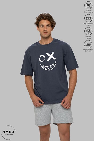 Nyda Collections Unisex Crew Neck Emoji εμπριμέ βαμβακερό μπλουζάκι με κοντό μανίκι