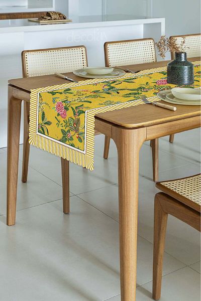 decofav Yellow Background Botanical Flowers Design Laser Cut Runner 48X135Cm