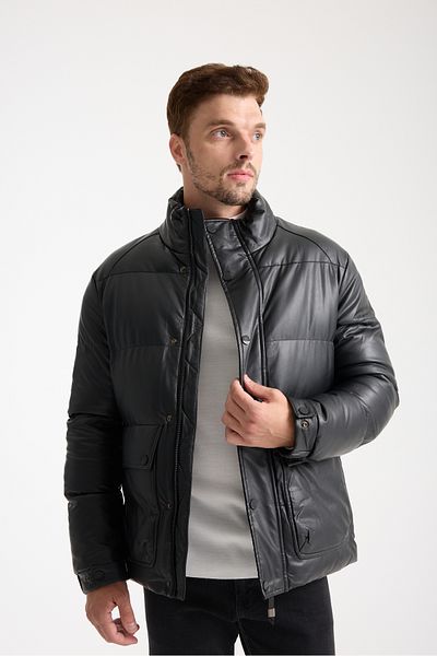 DYNAMO Men's Stand Collar Puffer Faux Leather Coat