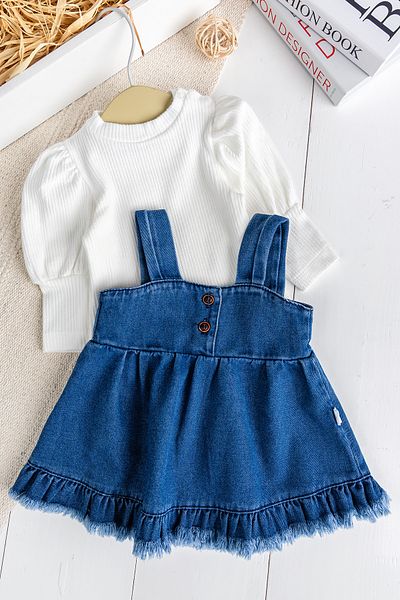 Babymod Tasseled Jean Gilet Dress Jeans Salopet Buluz Set