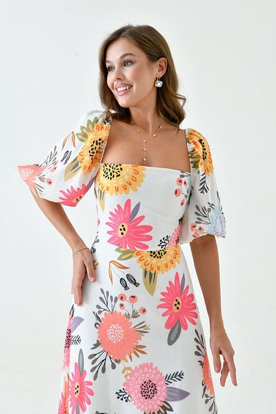 WOMAN VISION Linen Midi Length Floral Patterned Balloon Sleeve Women's Dress - 009
