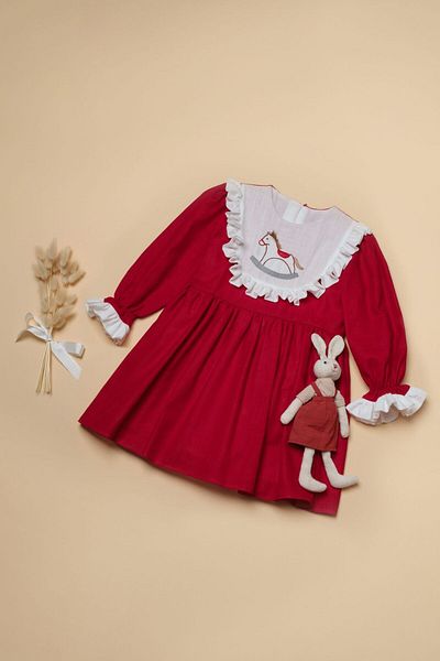 Little Pumpkin Embroidered Red Vintage Eid Dress