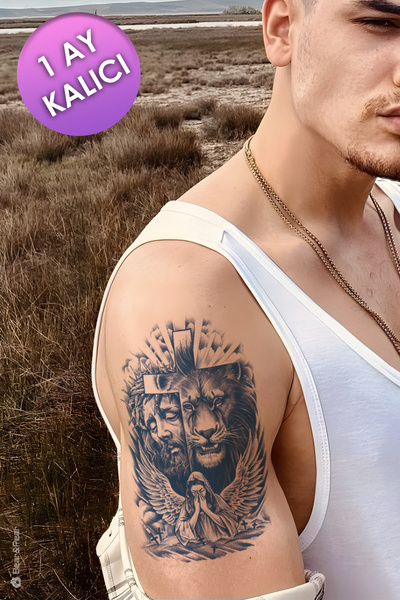 BP Tattoo 1 Ay Kalıcı Tattoo Çarmıh ve Aslan Dövmesi