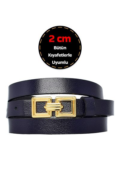 GoDeri 100% Back Goblet Gold Color Buckle Thin 2cm Blue Women's Dress and Pants Belt