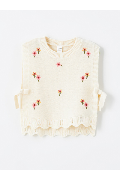 LC Waikiki Bisiklet Yaka Çiçekli Kız Çocuk Triko Süveter