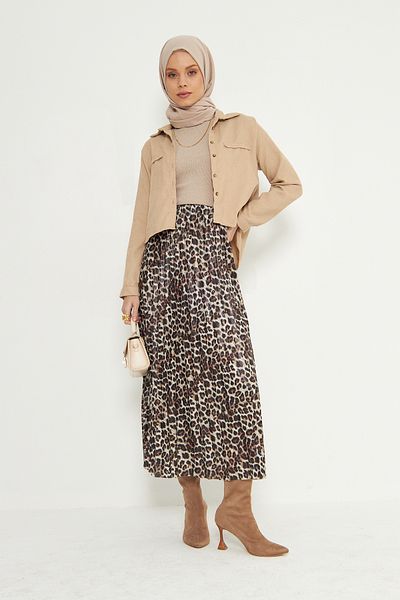 RTBUTİK Fusta Hijab plisată cu model leopard, Fusta Hijab, Fusta elegantă, Fusta pentru ocazii speciale
