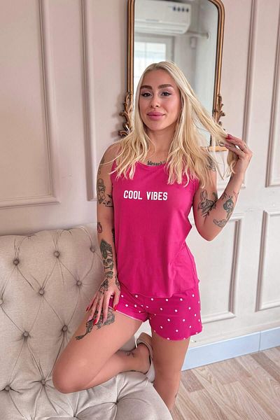 Pijamaevi Pink Cool Vibes Patterned Bamboo Women's Pajama Set with Zero Sleeve Shorts