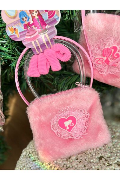 QUEEN AKSESUAR Furry Feather with Pink Mini Bag, Fashionable Sustainable Tofu Crown and Tac Gift Set