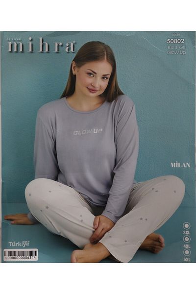 Mihra Crew Neck Gray Battal Mi̇lan Pajama Set