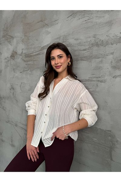 Elif Özbey Butik Cămașă drapată cu dungi din aur alb