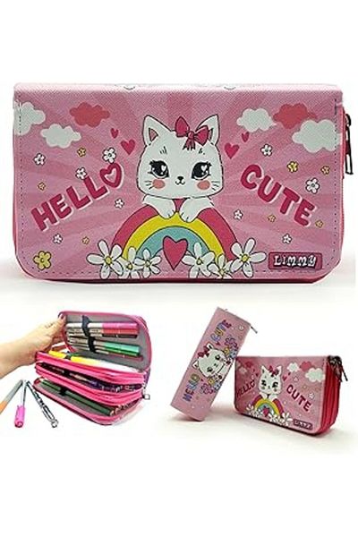 ShopZum Limmy Pencil Case Kitty Cat Pattern Organizer Pencil Case Vegan Leather Three Compartment Pen Holder