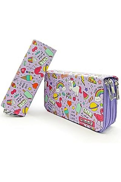 Skygo Limmy Pencil Case Unicorn-Flamingo Kawai Organizer Pencilcase Vegan Leather Three Compartment Pen Holder -Purple
