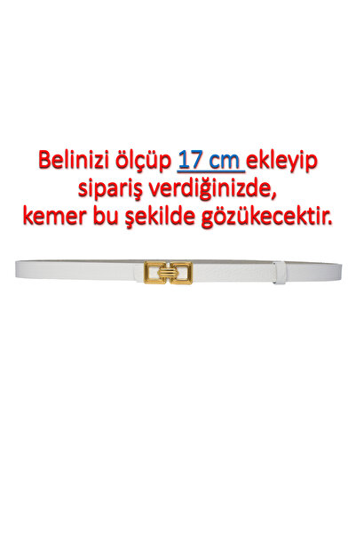 GoDeri %100 Hakiki Deri, Gold Renk Tokalı İnce 2 cm Beyaz Kadın Elbise, Pantolon Kemeri; kare+kare