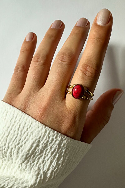 DELEIZA ACCESSORY Çelik Ayarlanabilir Gold Vintage Tarz Kırmızı Yüzük