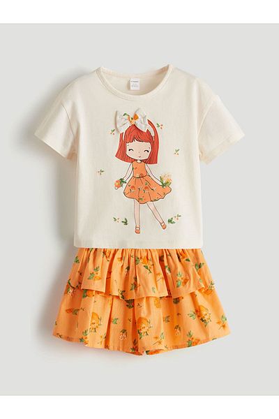 LC Waikiki Lcw Printed Girl's T-Shirt and Tutu Skirt 2-Piece Fast Fashion